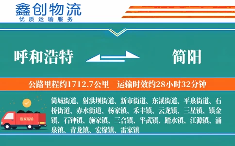 呼和浩特到简阳物流公司